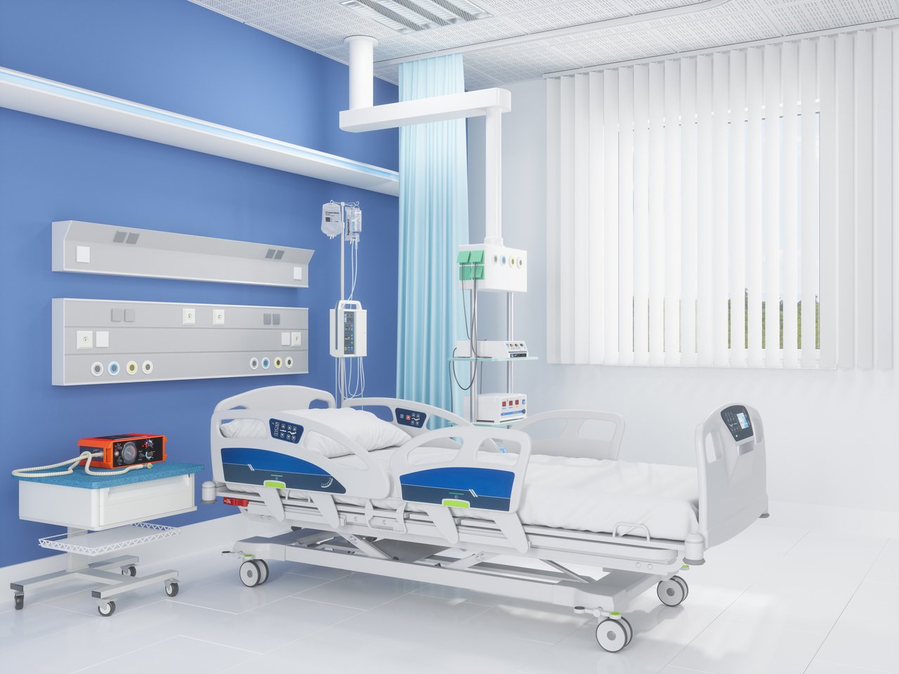 Hospital Bed With Medical Equipment In Hospital Room